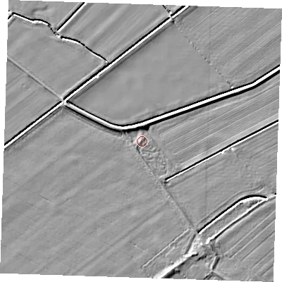 Shaded relief map of the ground around PE244AX, computed from Environment Agency LiDAR. The ground here sits at about 3 m above sea level and falls 3 m across the surrounding 800 m. Surface water reaching this point runs off ground lying to the north-north-west, 1.6 m higher.