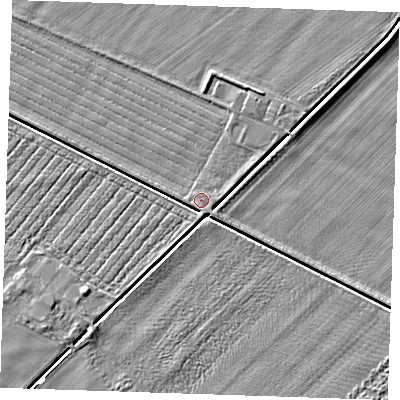 Shaded relief map of the ground around PE244BA, computed from Environment Agency LiDAR. The ground here sits at about 3 m above sea level and falls 3 m across the surrounding 800 m. Surface water reaching this point runs off ground lying to the south-south-east, 0.5 m higher.