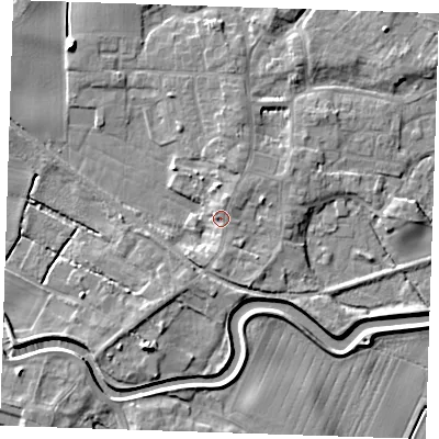 Shaded relief map of the ground around PE244BN, computed from Environment Agency LiDAR. The ground here sits at about 5 m above sea level and falls 6 m across the surrounding 800 m. Surface water reaching this point runs off ground lying to the north-north-east, 2.4 m higher.