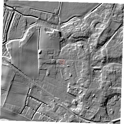 Shaded relief map of the ground around PE244DD, computed from Environment Agency LiDAR. The ground here sits at about 4 m above sea level and falls 8 m across the surrounding 800 m. Surface water reaching this point runs off ground lying to the south-east, 2.6 m higher.