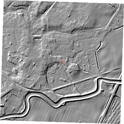 Shaded relief map of the ground around PE244DS, computed from Environment Agency LiDAR. The ground here sits at about 5 m above sea level and falls 6 m across the surrounding 800 m. Surface water reaching this point runs off ground lying to the north-west, 1.9 m higher.