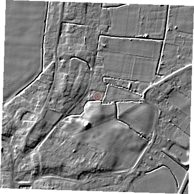 Shaded relief map of the ground around PE244DT, computed from Environment Agency LiDAR. The ground here sits at about 3 m above sea level and falls 8 m across the surrounding 800 m. Surface water reaching this point runs off ground lying to the south-south-west, 6.9 m higher.