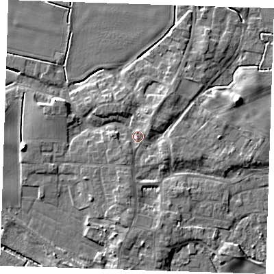 Shaded relief map of the ground around PE244EH, computed from Environment Agency LiDAR. The ground here sits at about 4 m above sea level and falls 8 m across the surrounding 800 m. Surface water reaching this point runs off ground lying to the south-east, 2.3 m higher.