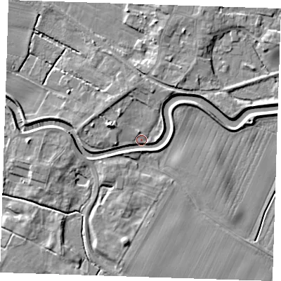 Shaded relief map of the ground around PE244ET, computed from Environment Agency LiDAR. The ground here sits at about 4 m above sea level and falls 6 m across the surrounding 800 m. Surface water reaching this point runs off ground lying to the west-north-west, 5.4 m higher.