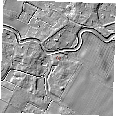 Shaded relief map of the ground around PE244EU, computed from Environment Agency LiDAR. The ground here sits at about 5 m above sea level and falls 6 m across the surrounding 800 m. Surface water reaching this point runs off ground lying to the south-south-east, 2.0 m higher.