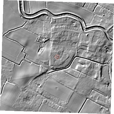 Shaded relief map of the ground around PE244EY, computed from Environment Agency LiDAR. The ground here sits at about 4 m above sea level and falls 5 m across the surrounding 800 m. Surface water reaching this point runs off ground lying to the west, 0.8 m higher.