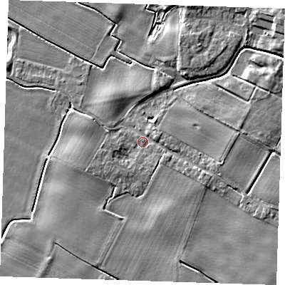 Shaded relief map of the ground around PE244HD, computed from Environment Agency LiDAR. The ground here sits at about 4 m above sea level and falls 5 m across the surrounding 800 m. Surface water reaching this point runs off ground lying to the east-south-east, 2.2 m higher.