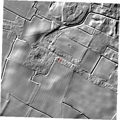 Shaded relief map of the ground around PE244HG, computed from Environment Agency LiDAR. The ground here sits at about 4 m above sea level and falls 5 m across the surrounding 800 m. Surface water reaching this point runs off ground lying to the east-south-east, 1.8 m higher.