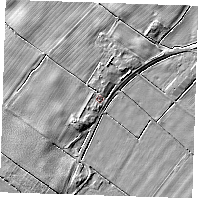Shaded relief map of the ground around PE244HJ, computed from Environment Agency LiDAR. The ground here sits at about 4 m above sea level and falls 4 m across the surrounding 800 m. Surface water reaching this point runs off ground lying to the south-west, 2.4 m higher.