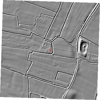 Shaded relief map of the ground around PE244HP, computed from Environment Agency LiDAR. The ground here sits at about 3 m above sea level and falls 4 m across the surrounding 800 m. Surface water reaching this point runs off ground lying to the east-south-east, 2.0 m higher.
