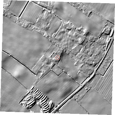 Shaded relief map of the ground around PE244HQ, computed from Environment Agency LiDAR. The ground here sits at about 5 m above sea level and falls 4 m across the surrounding 800 m. Surface water reaching this point runs off ground lying to the south-west, 1.8 m higher.