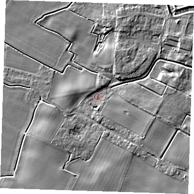 Shaded relief map of the ground around PE244HS, computed from Environment Agency LiDAR. The ground here sits at about 3 m above sea level and falls 5 m across the surrounding 800 m. Surface water reaching this point runs off ground lying to the south-east, 2.7 m higher.