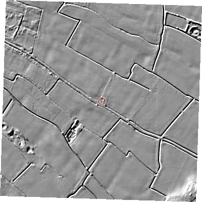 Shaded relief map of the ground around PE244HT, computed from Environment Agency LiDAR. The ground here sits at about 2 m above sea level and falls 5 m across the surrounding 800 m. Surface water reaching this point runs off ground lying to the north, 0.5 m higher.