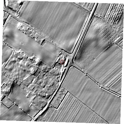 Shaded relief map of the ground around PE244HU, computed from Environment Agency LiDAR. The ground here sits at about 5 m above sea level and falls 4 m across the surrounding 800 m. Surface water reaching this point runs off ground lying to the west, 3.0 m higher.