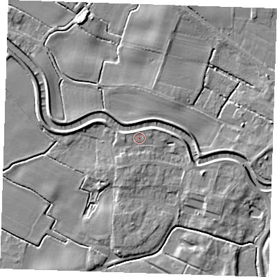 Shaded relief map of the ground around PE244JB, computed from Environment Agency LiDAR. The ground here sits at about 4 m above sea level and falls 5 m across the surrounding 800 m. Surface water reaching this point runs off ground lying to the east-north-east, 0.9 m higher.