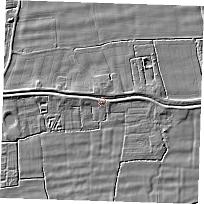 Shaded relief map of the ground around PE244JP, computed from Environment Agency LiDAR. The ground here sits at about 4 m above sea level and falls 4 m across the surrounding 800 m. Surface water reaching this point runs off ground lying to the east, 2.3 m higher.