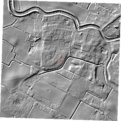 Shaded relief map of the ground around PE244JQ, computed from Environment Agency LiDAR. The ground here sits at about 4 m above sea level and falls 7 m across the surrounding 800 m. Surface water reaching this point runs off ground lying to the north, 1.1 m higher.