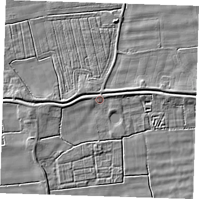 Shaded relief map of the ground around PE244JR, computed from Environment Agency LiDAR. The ground here sits at about 2 m above sea level and falls 4 m across the surrounding 800 m. Surface water reaching this point runs off ground lying to the east-north-east, 1.5 m higher.
