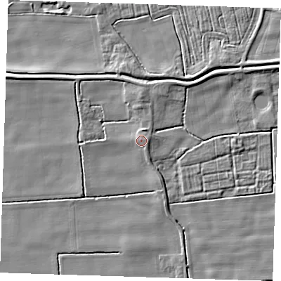 Shaded relief map of the ground around PE244JS, computed from Environment Agency LiDAR. The ground here sits at about 3 m above sea level and falls 4 m across the surrounding 800 m. Surface water reaching this point runs off ground lying to the north-north-east, 1.3 m higher.