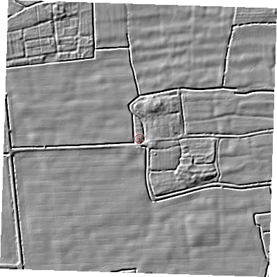 Shaded relief map of the ground around PE244JT, computed from Environment Agency LiDAR. The ground here sits at about 2 m above sea level and falls 4 m across the surrounding 800 m. Surface water reaching this point runs off ground lying to the south, 2.6 m higher.