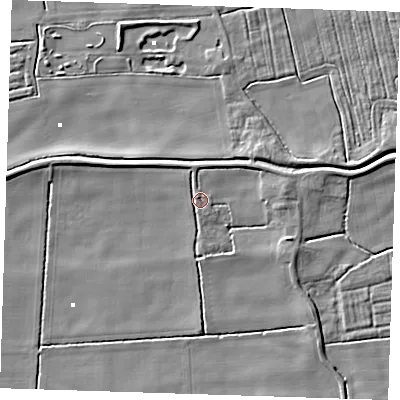 Shaded relief map of the ground around PE244JX, computed from Environment Agency LiDAR. The ground here sits at about 2 m above sea level and falls 5 m across the surrounding 800 m. Surface water reaching this point runs off ground lying to the north, 1.8 m higher.