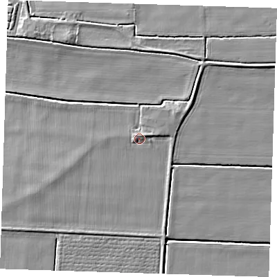 Shaded relief map of the ground around PE244JY, computed from Environment Agency LiDAR. The ground here sits at about 2 m above sea level and falls 4 m across the surrounding 800 m. Surface water reaching this point runs off ground lying to the east-north-east, 1.4 m higher.