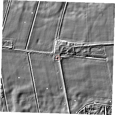 Shaded relief map of the ground around PE244JZ, computed from Environment Agency LiDAR. The ground here sits at about 1 m above sea level and falls 3 m across the surrounding 800 m. Surface water reaching this point runs off ground lying to the north-east, 1.0 m higher.