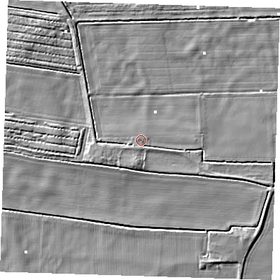 Shaded relief map of the ground around PE244LA, computed from Environment Agency LiDAR. The ground here sits at about 1 m above sea level and falls 4 m across the surrounding 800 m. Surface water reaching this point runs off ground lying to the south, 1.0 m higher.