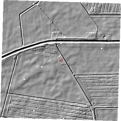 Shaded relief map of the ground around PE244LB, computed from Environment Agency LiDAR. The ground here sits at about 0 m above sea level and falls 4 m across the surrounding 800 m. Surface water reaching this point runs off ground lying to the east-south-east, 0.8 m higher.