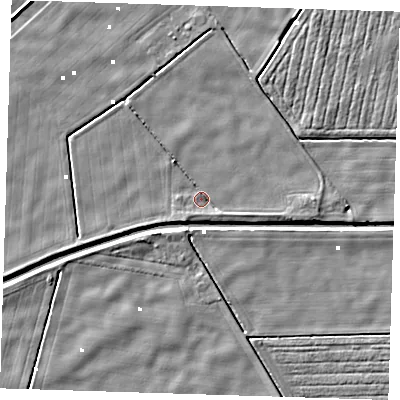 Shaded relief map of the ground around PE244LD, computed from Environment Agency LiDAR. The ground here sits at about -0 m above sea level and falls 4 m across the surrounding 800 m. Surface water reaching this point runs off ground lying to the south-west, 2.0 m higher.