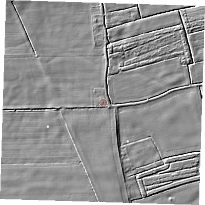 Shaded relief map of the ground around PE244LE, computed from Environment Agency LiDAR. The ground here sits at about 1 m above sea level and falls 3 m across the surrounding 800 m. Surface water reaching this point runs off ground lying to the west-south-west, 0.9 m higher.