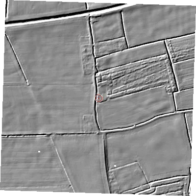 Shaded relief map of the ground around PE244LF, computed from Environment Agency LiDAR. The ground here sits at about 1 m above sea level and falls 4 m across the surrounding 800 m. Surface water reaching this point runs off ground lying to the west, 2.0 m higher.