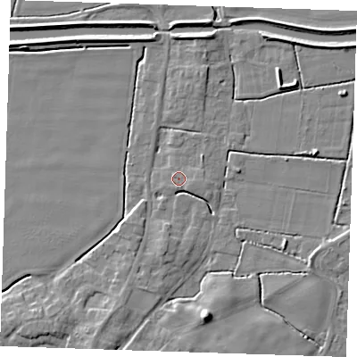 Shaded relief map of the ground around PE244LG, computed from Environment Agency LiDAR. The ground here sits at about 3 m above sea level and falls 8 m across the surrounding 800 m. Surface water reaching this point runs off ground lying to the east-south-east, 1.0 m higher.