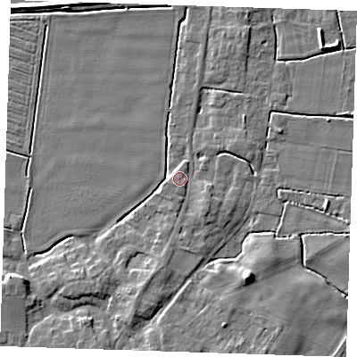 Shaded relief map of the ground around PE244LN, computed from Environment Agency LiDAR. The ground here sits at about 4 m above sea level and falls 8 m across the surrounding 800 m. Surface water reaching this point runs off ground lying to the south-east, 3.3 m higher.