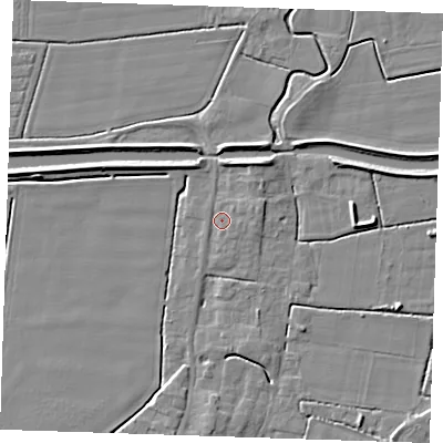 Shaded relief map of the ground around PE244LP, computed from Environment Agency LiDAR. The ground here sits at about 3 m above sea level and falls 5 m across the surrounding 800 m. Surface water reaching this point runs off ground lying to the north-north-east, 2.7 m higher.