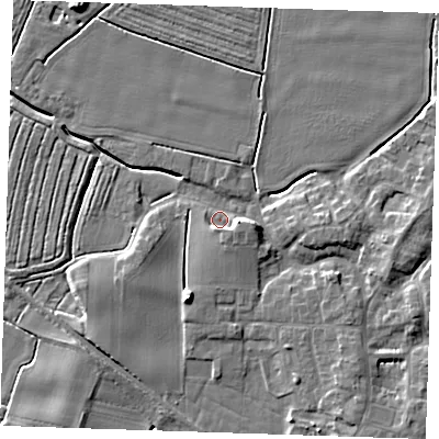 Shaded relief map of the ground around PE244LW, computed from Environment Agency LiDAR. The ground here sits at about 3 m above sea level and falls 8 m across the surrounding 800 m. Surface water reaching this point runs off ground lying to the east, 4.8 m higher.