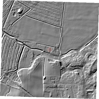 Shaded relief map of the ground around PE244LX, computed from Environment Agency LiDAR. The ground here sits at about 3 m above sea level and falls 8 m across the surrounding 800 m. Surface water reaching this point runs off ground lying to the west, 1.0 m higher.