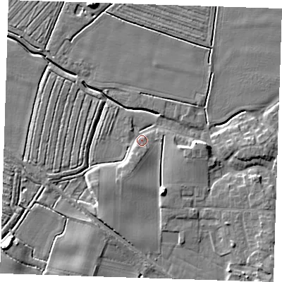 Shaded relief map of the ground around PE244LY, computed from Environment Agency LiDAR. The ground here sits at about 3 m above sea level and falls 8 m across the surrounding 800 m. Surface water reaching this point runs off ground lying to the south-south-east, 6.6 m higher.