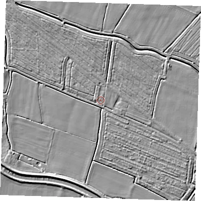 Shaded relief map of the ground around PE244LZ, computed from Environment Agency LiDAR. The ground here sits at about 2 m above sea level and falls 5 m across the surrounding 800 m. Surface water reaching this point runs off ground lying to the north-north-east, 0.8 m higher.