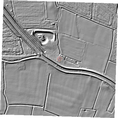 Shaded relief map of the ground around PE244NB, computed from Environment Agency LiDAR. The ground here sits at about 3 m above sea level and falls 5 m across the surrounding 800 m. Surface water reaching this point runs off ground lying to the south, 2.6 m higher.