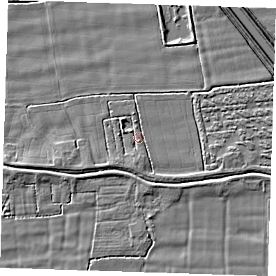 Shaded relief map of the ground around PE244ND, computed from Environment Agency LiDAR. The ground here sits at about 2 m above sea level and falls 5 m across the surrounding 800 m. Surface water reaching this point runs off ground lying to the east-south-east, 2.3 m higher.