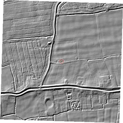 Shaded relief map of the ground around PE244NE, computed from Environment Agency LiDAR. The ground here sits at about 1 m above sea level and falls 4 m across the surrounding 800 m. Surface water reaching this point runs off ground lying to the east-south-east, 0.5 m higher.