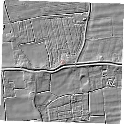 Shaded relief map of the ground around PE244NF, computed from Environment Agency LiDAR. The ground here sits at about 3 m above sea level and falls 4 m across the surrounding 800 m. Surface water reaching this point runs off ground lying to the south-south-east, 2.4 m higher.