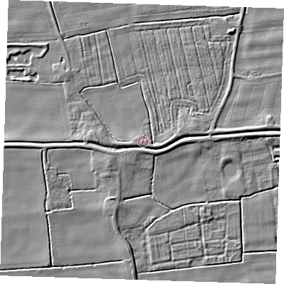 Shaded relief map of the ground around PE244NG, computed from Environment Agency LiDAR. The ground here sits at about 3 m above sea level and falls 4 m across the surrounding 800 m. Surface water reaching this point runs off ground lying to the south, 2.4 m higher.