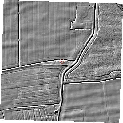 Shaded relief map of the ground around PE244NH, computed from Environment Agency LiDAR. The ground here sits at about 2 m above sea level and falls 6 m across the surrounding 800 m. Surface water reaching this point runs off ground lying to the south, 2.8 m higher.