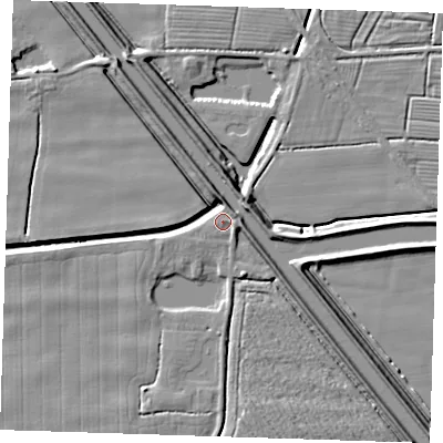 Shaded relief map of the ground around PE244NJ, computed from Environment Agency LiDAR. The ground here sits at about 3 m above sea level and falls 7 m across the surrounding 800 m. Surface water reaching this point runs off ground lying to the north-east, 6.7 m higher.