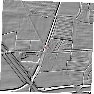 Shaded relief map of the ground around PE244NL, computed from Environment Agency LiDAR. The ground here sits at about 2 m above sea level and falls 7 m across the surrounding 800 m. Surface water reaching this point runs off ground lying to the south-south-east, 3.2 m higher.