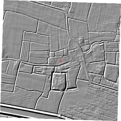 Shaded relief map of the ground around PE244NN, computed from Environment Agency LiDAR. The ground here sits at about 2 m above sea level and falls 5 m across the surrounding 800 m. Surface water reaching this point runs off ground lying to the west, 0.9 m higher.