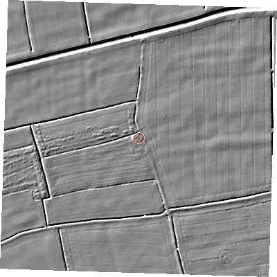 Shaded relief map of the ground around PE244NQ, computed from Environment Agency LiDAR. The ground here sits at about 1 m above sea level and falls 4 m across the surrounding 800 m. Surface water reaching this point runs off ground lying to the west, 1.1 m higher.