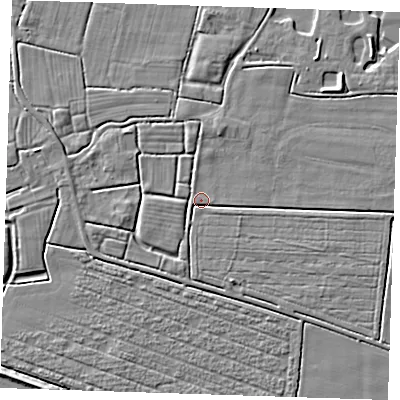 Shaded relief map of the ground around PE244NR, computed from Environment Agency LiDAR. The ground here sits at about 2 m above sea level and falls 4 m across the surrounding 800 m. Surface water reaching this point runs off ground lying to the south, 1.7 m higher.